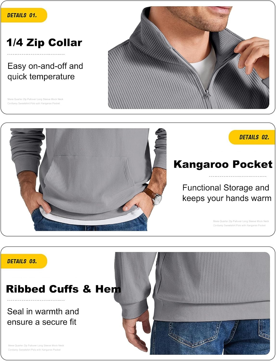 image:imageCOOFANDY Men Quarter Zip Pullover Mock Neck Long Sleeve Corduroy SweatshirtGrey
