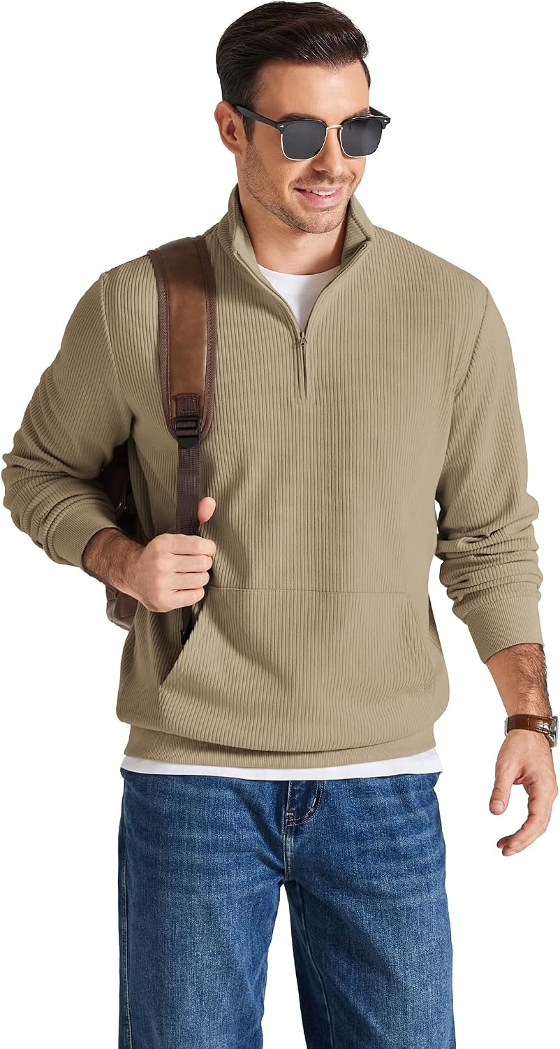 image:imageCOOFANDY Men Quarter Zip Pullover Mock Neck Long Sleeve Corduroy SweatshirtKhaki