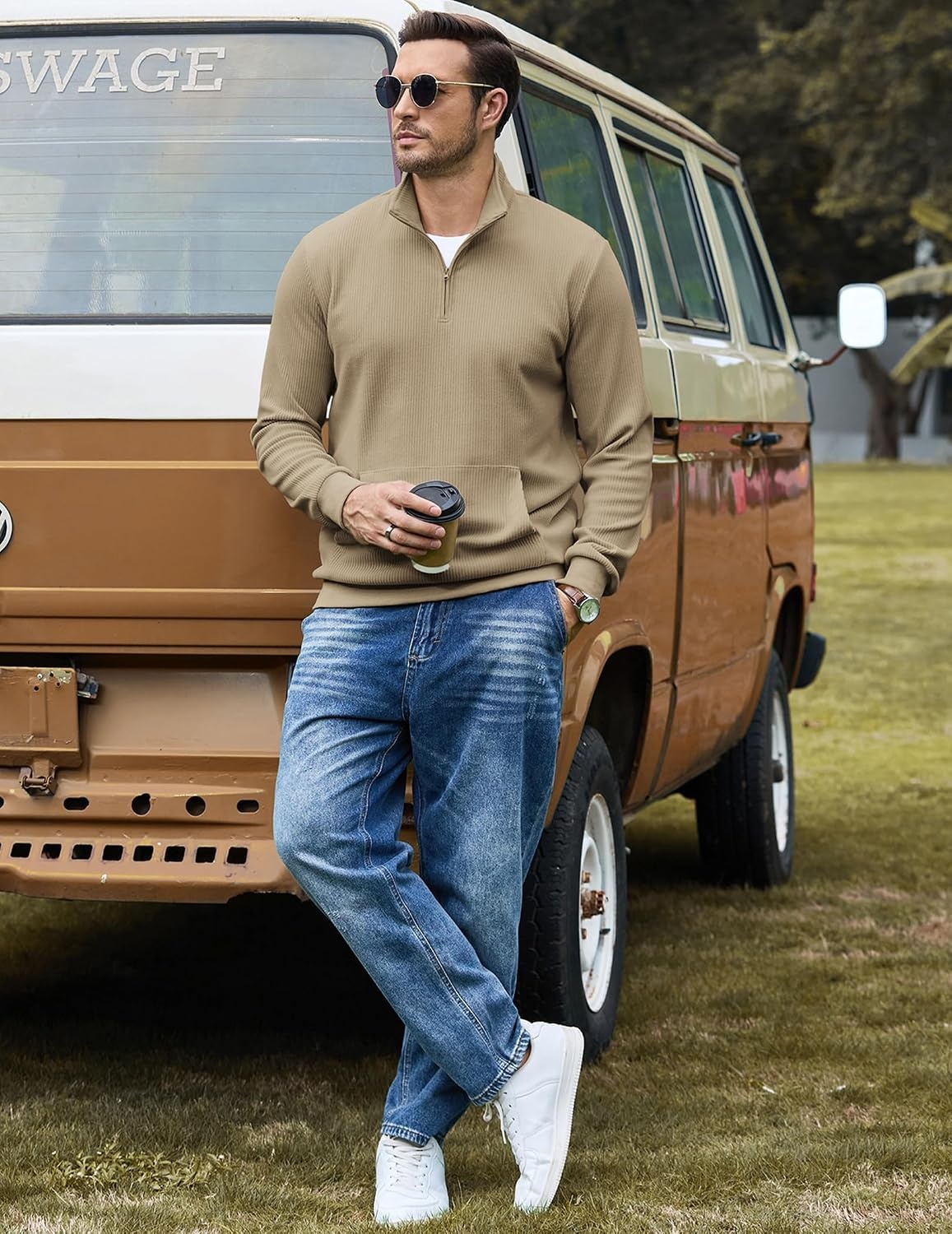 image:imageCOOFANDY Men Quarter Zip Pullover Mock Neck Long Sleeve Corduroy SweatshirtKhaki
