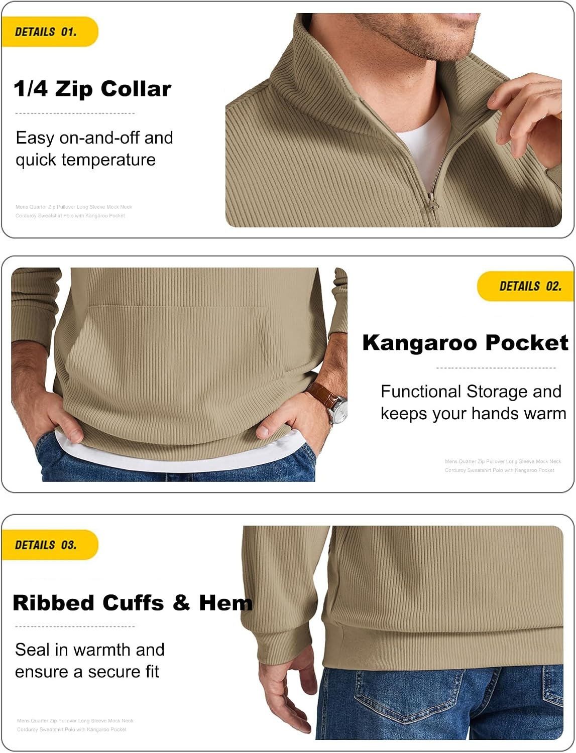 image:imageCOOFANDY Men Quarter Zip Pullover Mock Neck Long Sleeve Corduroy SweatshirtKhaki