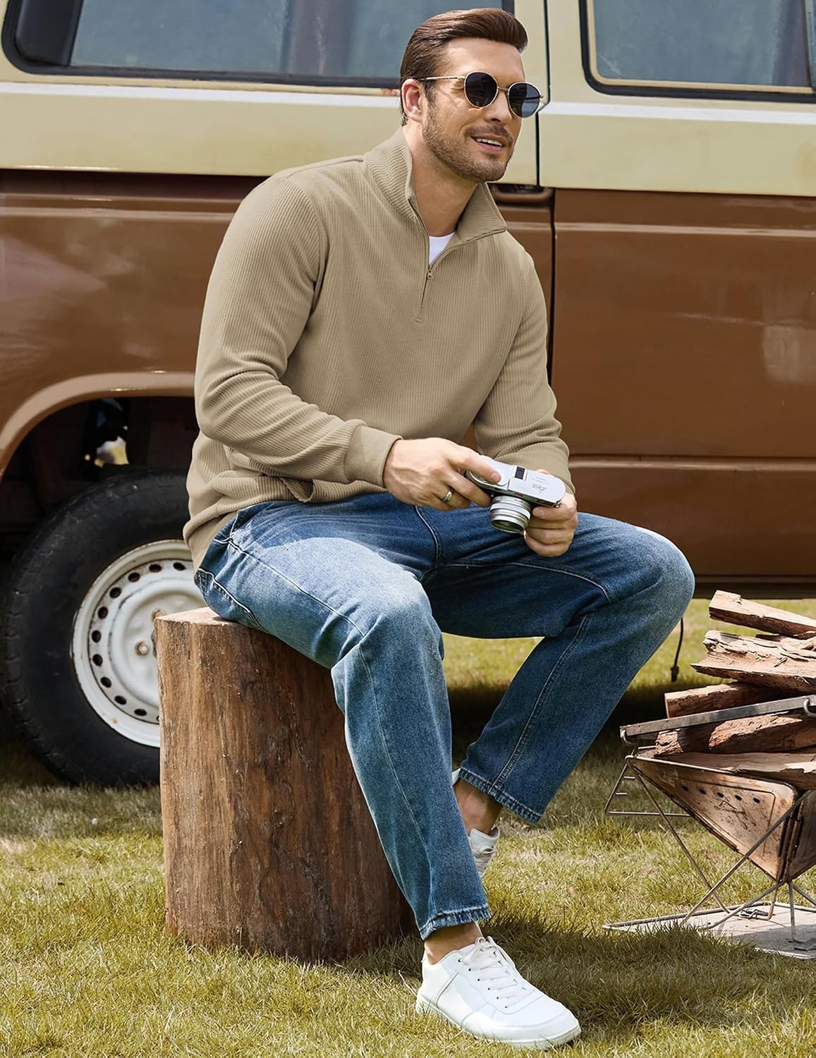 image:imageCOOFANDY Men Quarter Zip Pullover Mock Neck Long Sleeve Corduroy SweatshirtKhaki