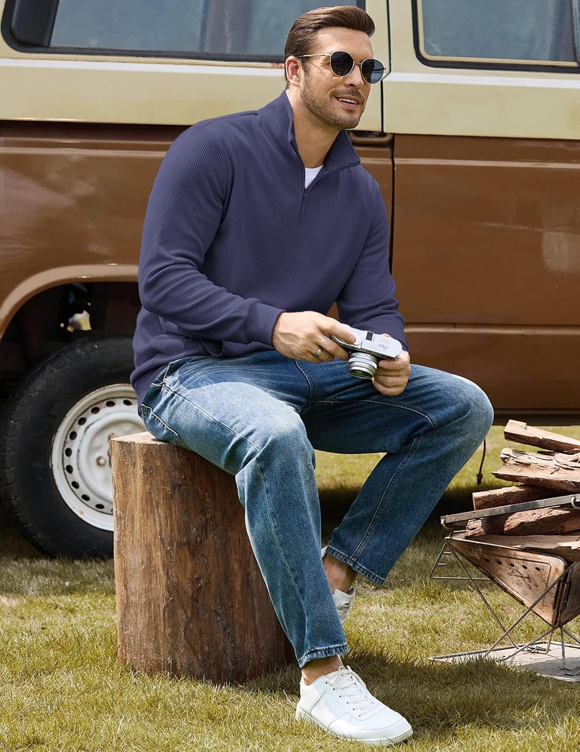 image:imageCOOFANDY Men Quarter Zip Pullover Mock Neck Long Sleeve Corduroy SweatshirtNavy Blue