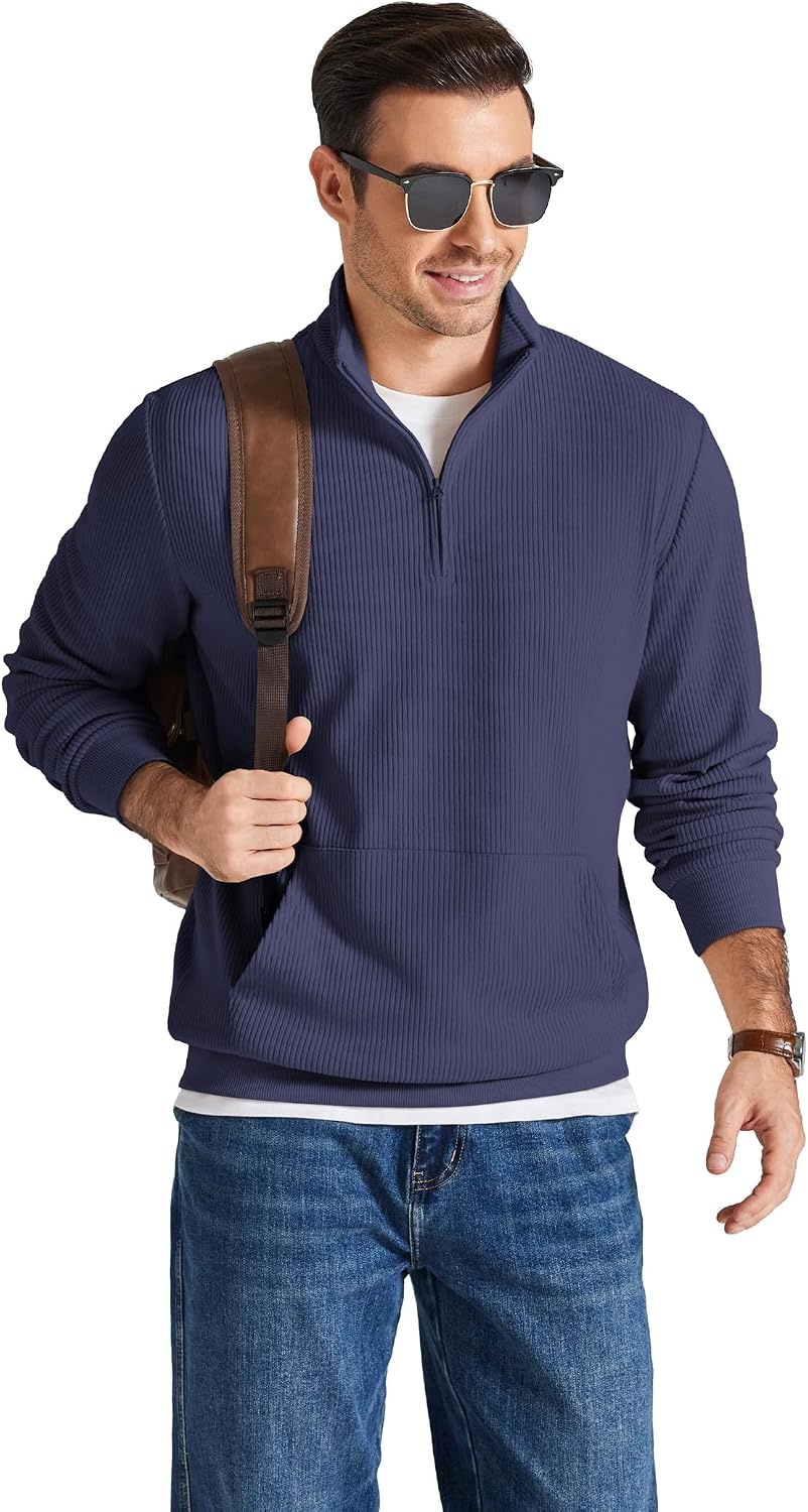 image:imageCOOFANDY Men Quarter Zip Pullover Mock Neck Long Sleeve Corduroy SweatshirtNavy Blue