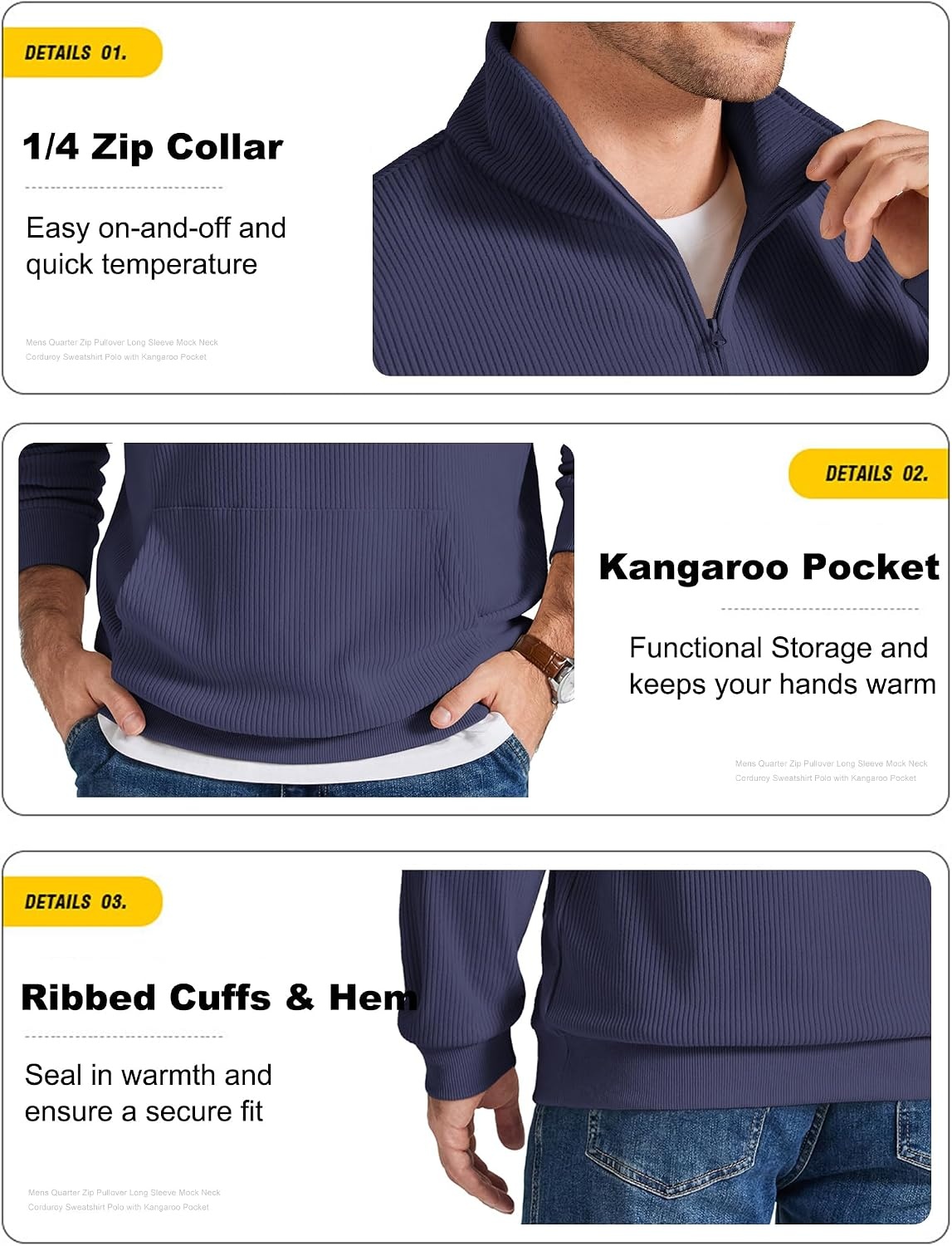 image:imageCOOFANDY Men Quarter Zip Pullover Mock Neck Long Sleeve Corduroy SweatshirtNavy Blue