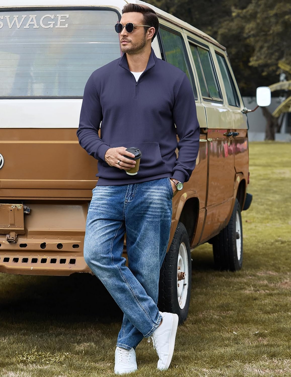 image:imageCOOFANDY Men Quarter Zip Pullover Mock Neck Long Sleeve Corduroy SweatshirtNavy Blue