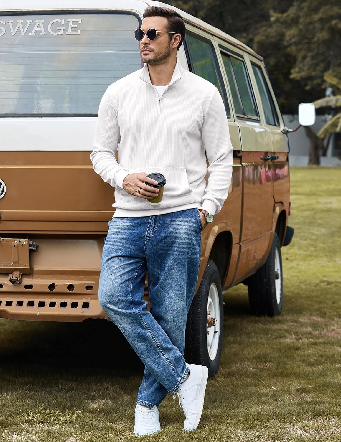 image:imageCOOFANDY Men Quarter Zip Pullover Mock Neck Long Sleeve Corduroy SweatshirtWhite