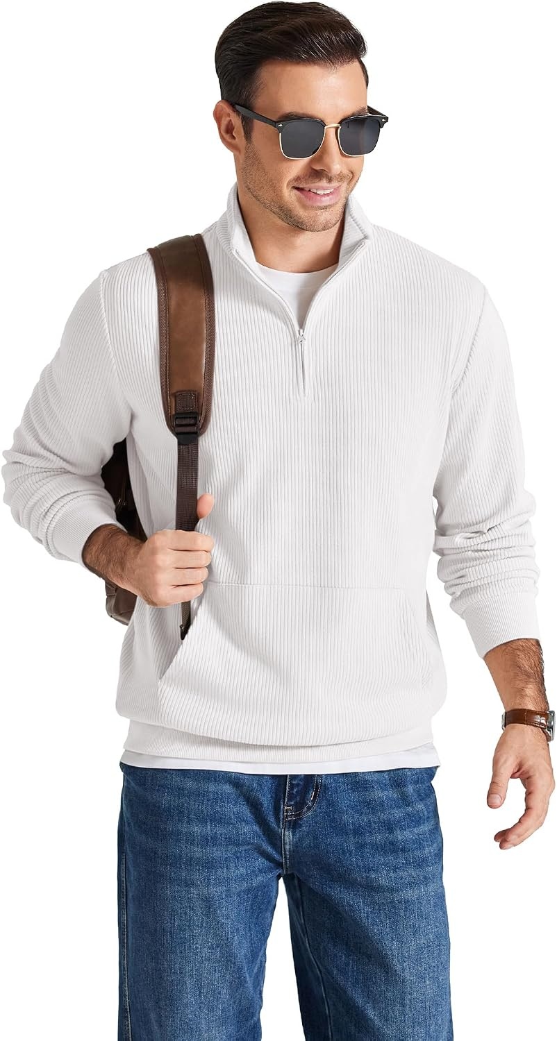 image:imageCOOFANDY Men Quarter Zip Pullover Mock Neck Long Sleeve Corduroy SweatshirtWhite