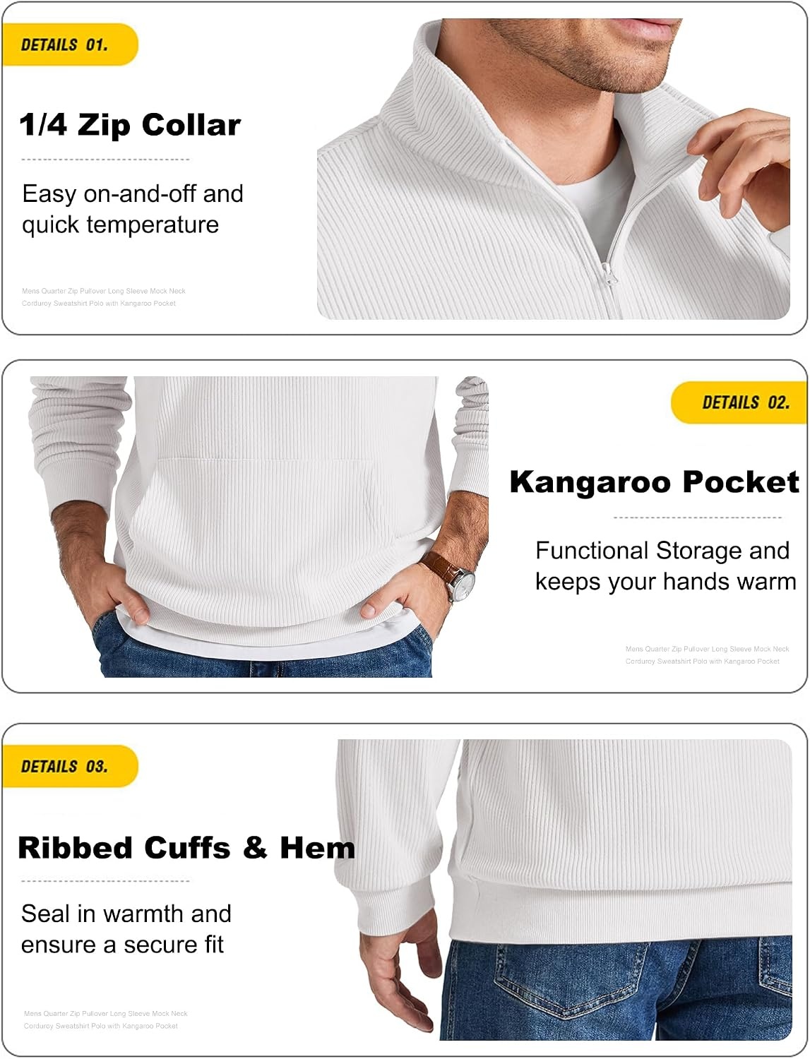 image:imageCOOFANDY Men Quarter Zip Pullover Mock Neck Long Sleeve Corduroy SweatshirtWhite