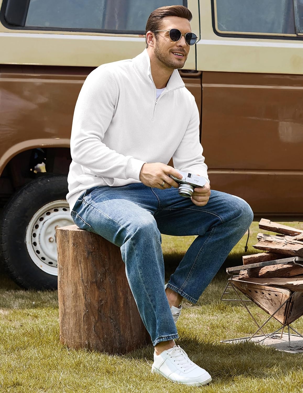 image:imageCOOFANDY Men Quarter Zip Pullover Mock Neck Long Sleeve Corduroy SweatshirtWhite