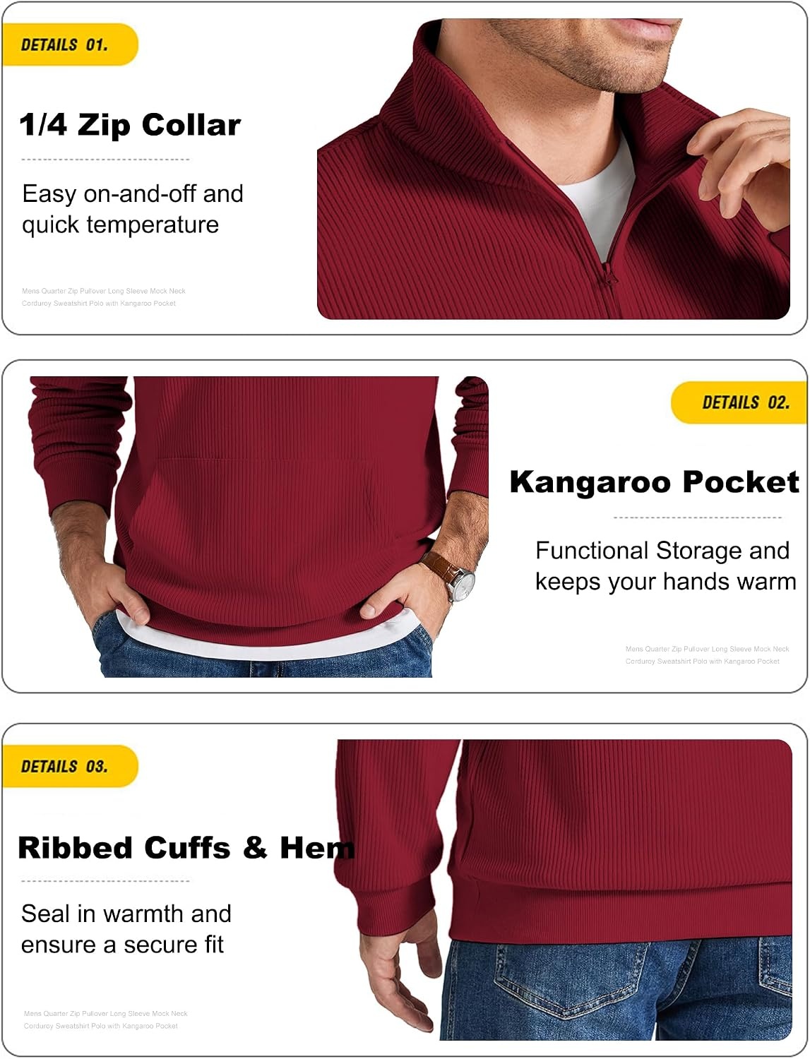 image:imageCOOFANDY Men Quarter Zip Pullover Mock Neck Long Sleeve Corduroy SweatshirtWine Red