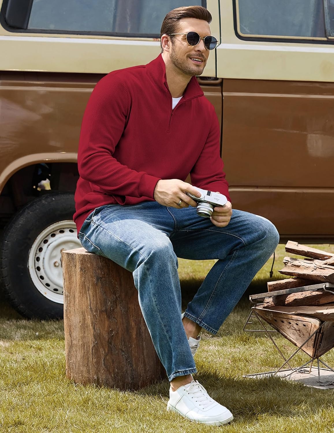 image:imageCOOFANDY Men Quarter Zip Pullover Mock Neck Long Sleeve Corduroy SweatshirtWine Red