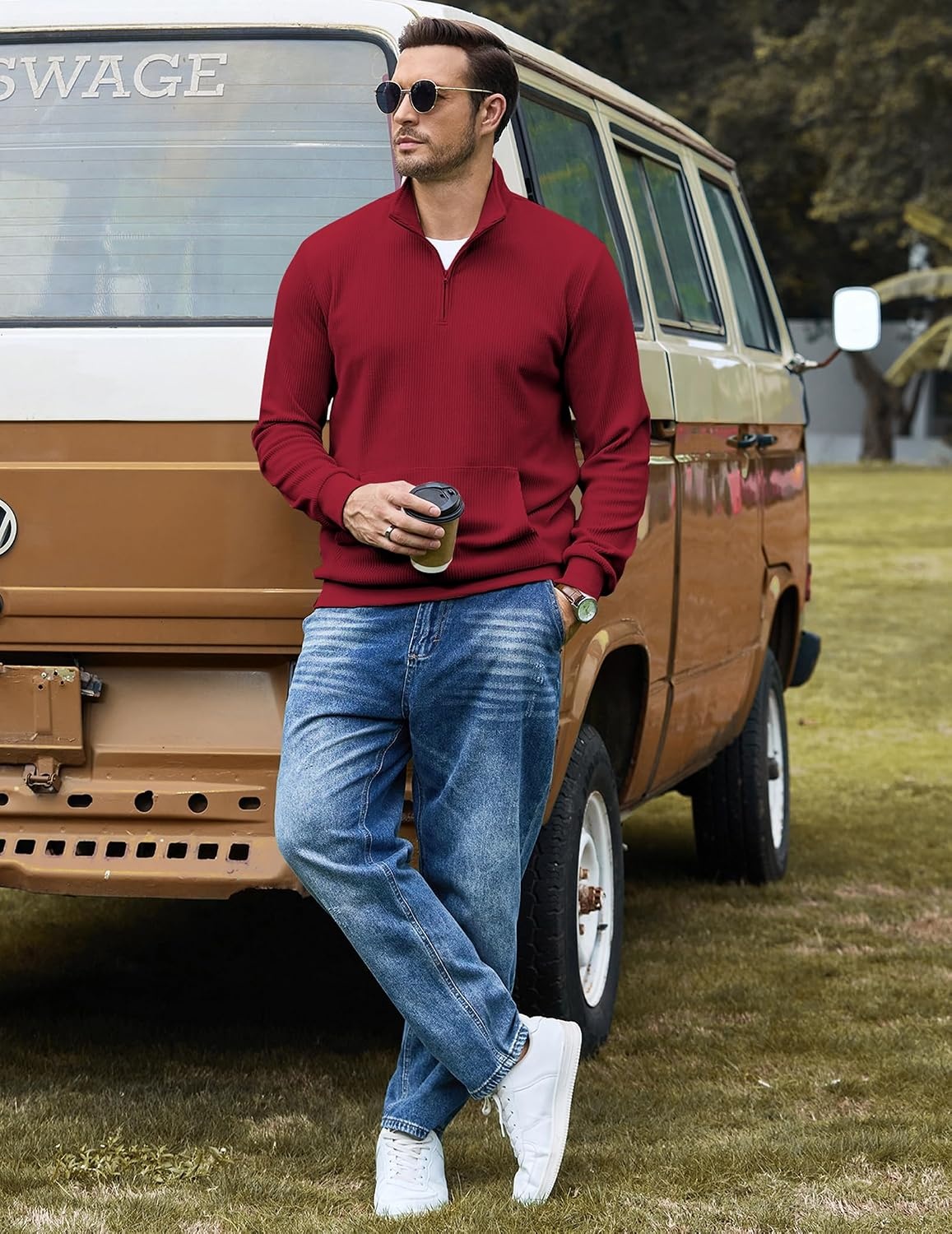 image:imageCOOFANDY Men Quarter Zip Pullover Mock Neck Long Sleeve Corduroy SweatshirtWine Red