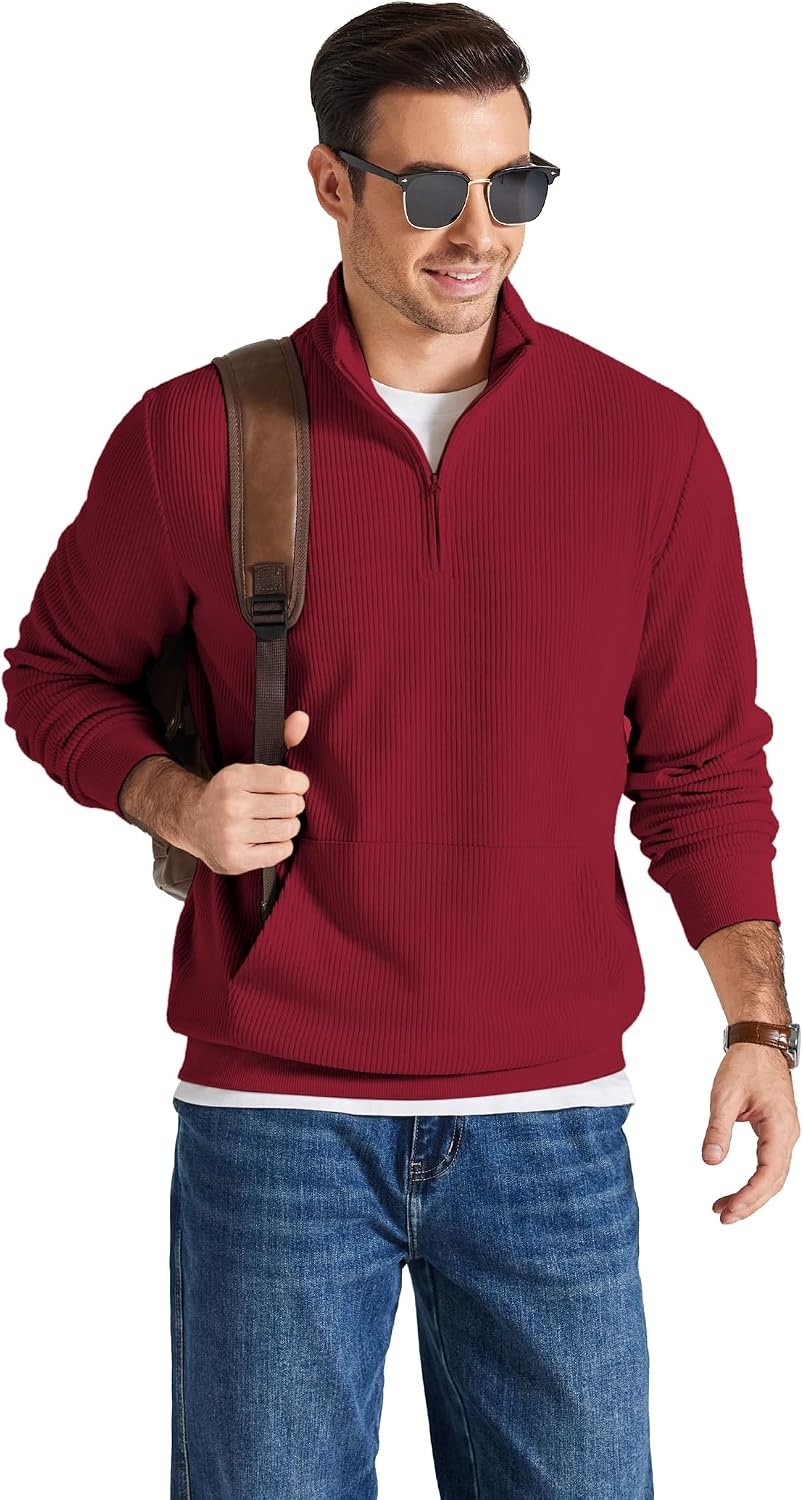 image:imageCOOFANDY Men Quarter Zip Pullover Mock Neck Long Sleeve Corduroy SweatshirtWine Red