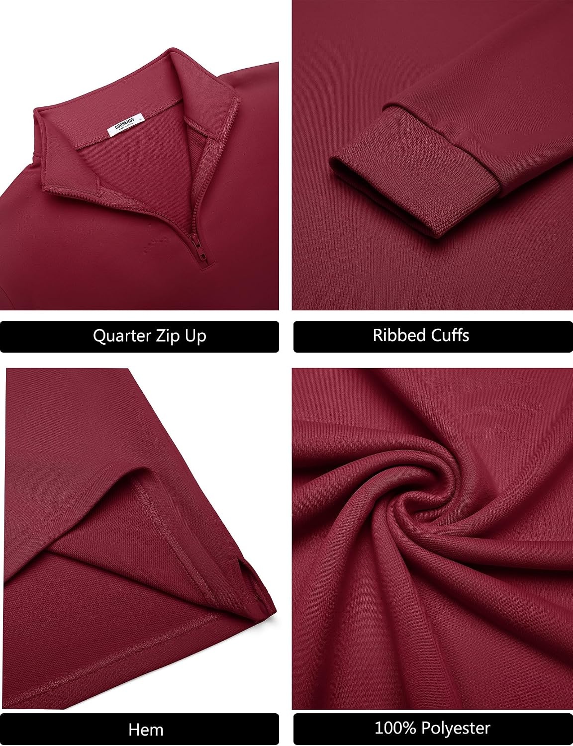image:imageCOOFANDY Men Quarter Zip Pullover Sweatshirts Long Sleeve Mock Neck SweaterWine Red