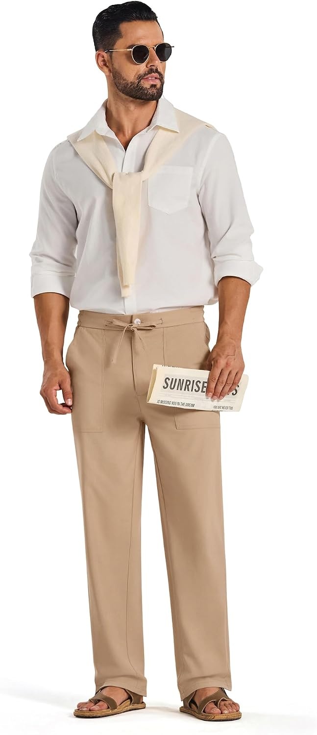 image:imageCOOFANDY Mens Casual Cotton Linen Pants Lightweight Beach Dress PantKhaki