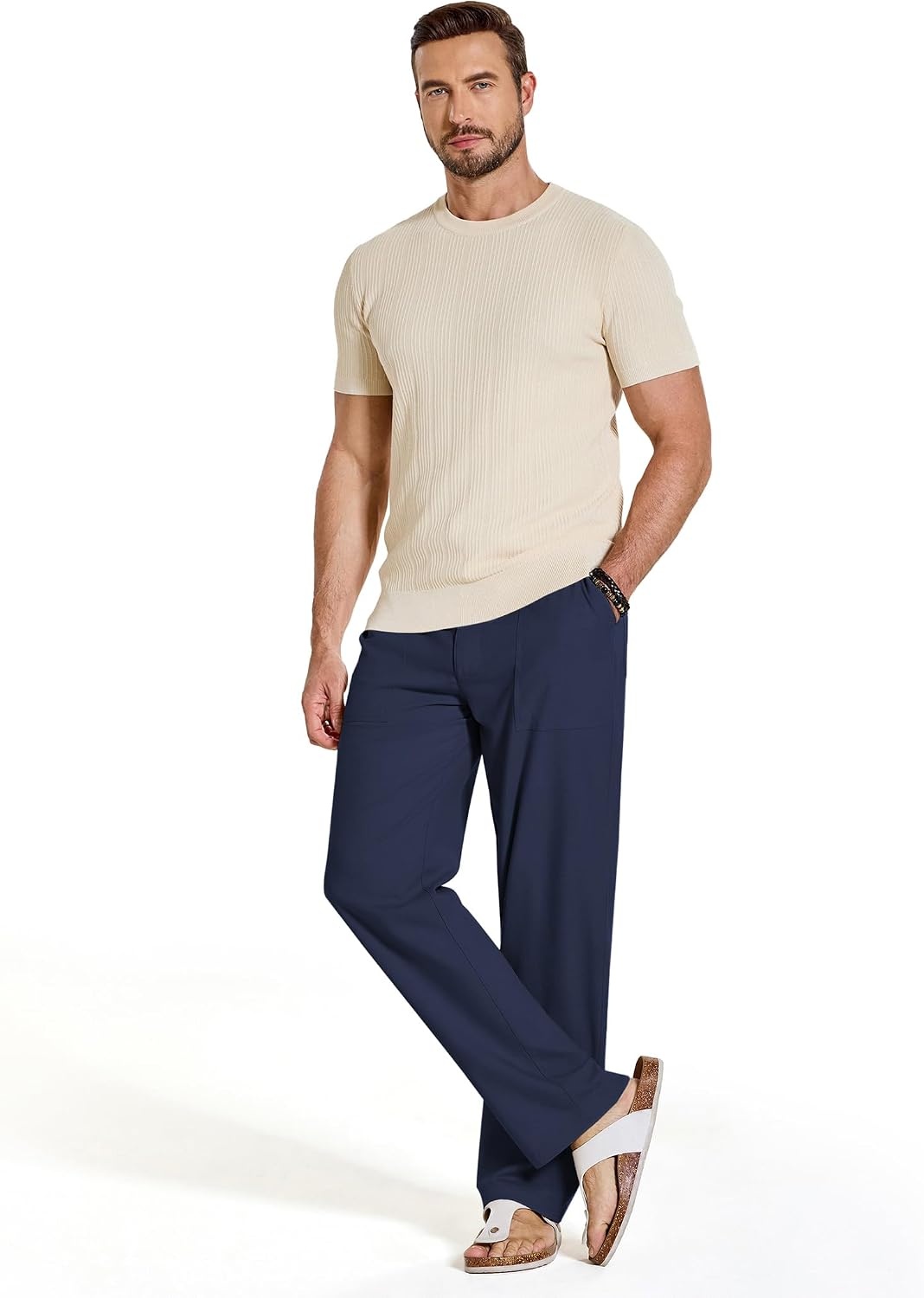 image:imageCOOFANDY Mens Casual Cotton Linen Pants Lightweight Beach Dress PantNavy Blue