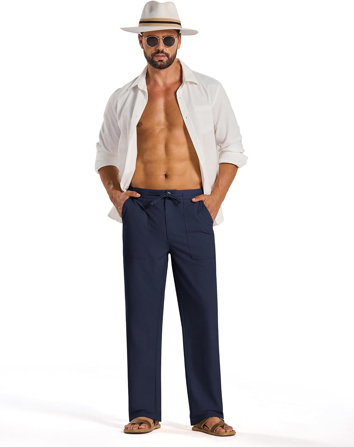 image:imageCOOFANDY Mens Casual Cotton Linen Pants Lightweight Beach Dress PantNavy Blue