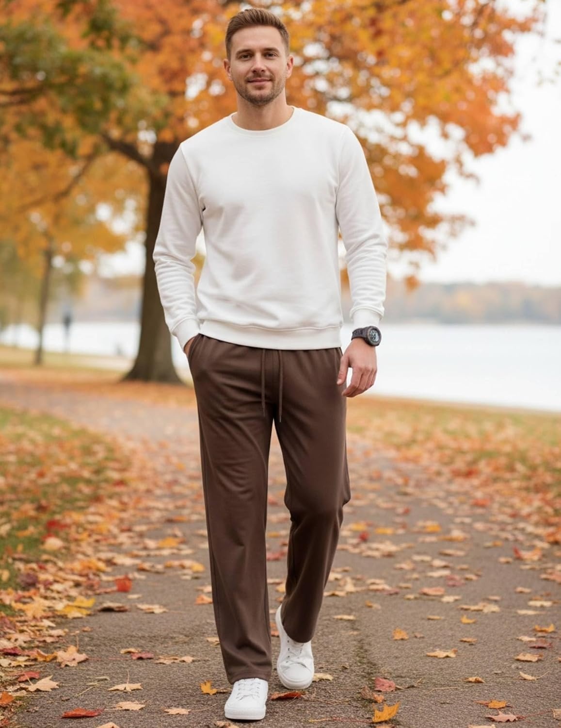 image:imageCOOFANDY Mens Casual Cotton Pant Knit Elastic Waist Yoga Pant with PocketBrown