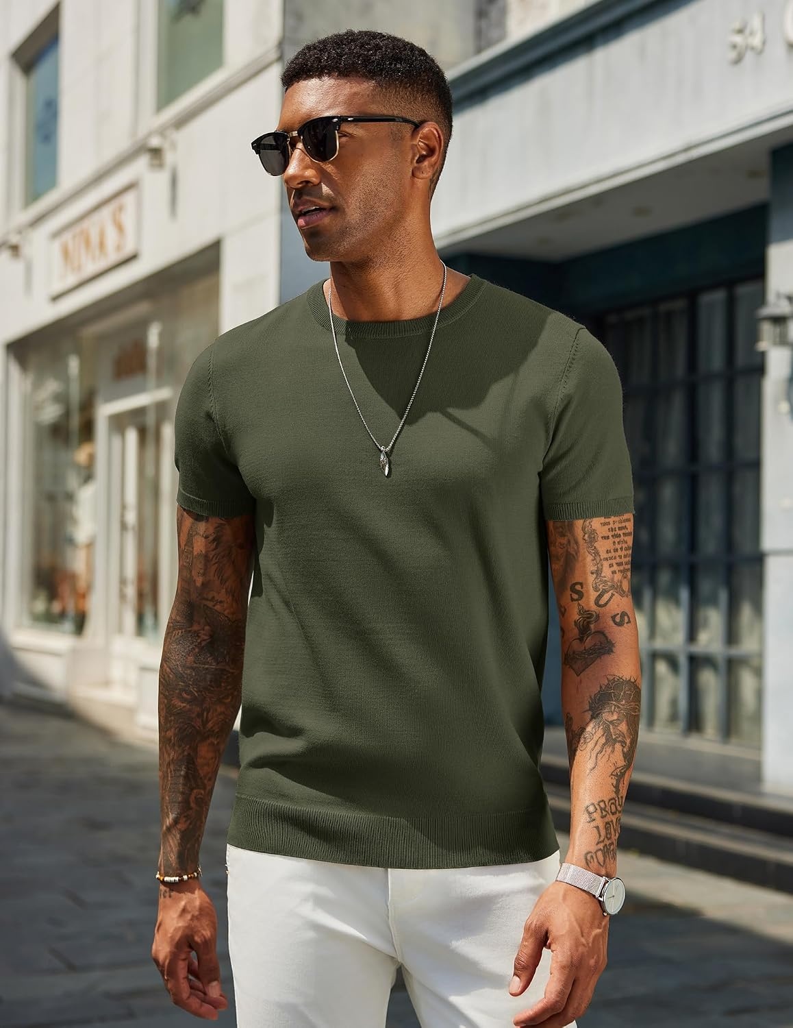 image:imageCOOFANDY Mens Casual TShirts Short Sleeve Crewneck Pullover Knit TeeArmy Green