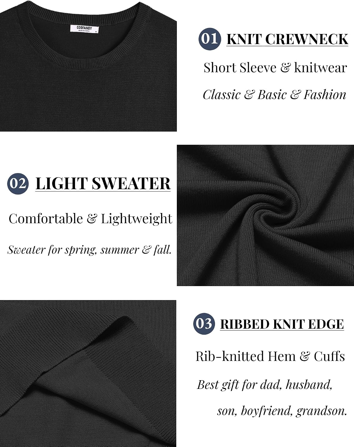 image:imageCOOFANDY Mens Casual TShirts Short Sleeve Crewneck Pullover Knit TeeBlack