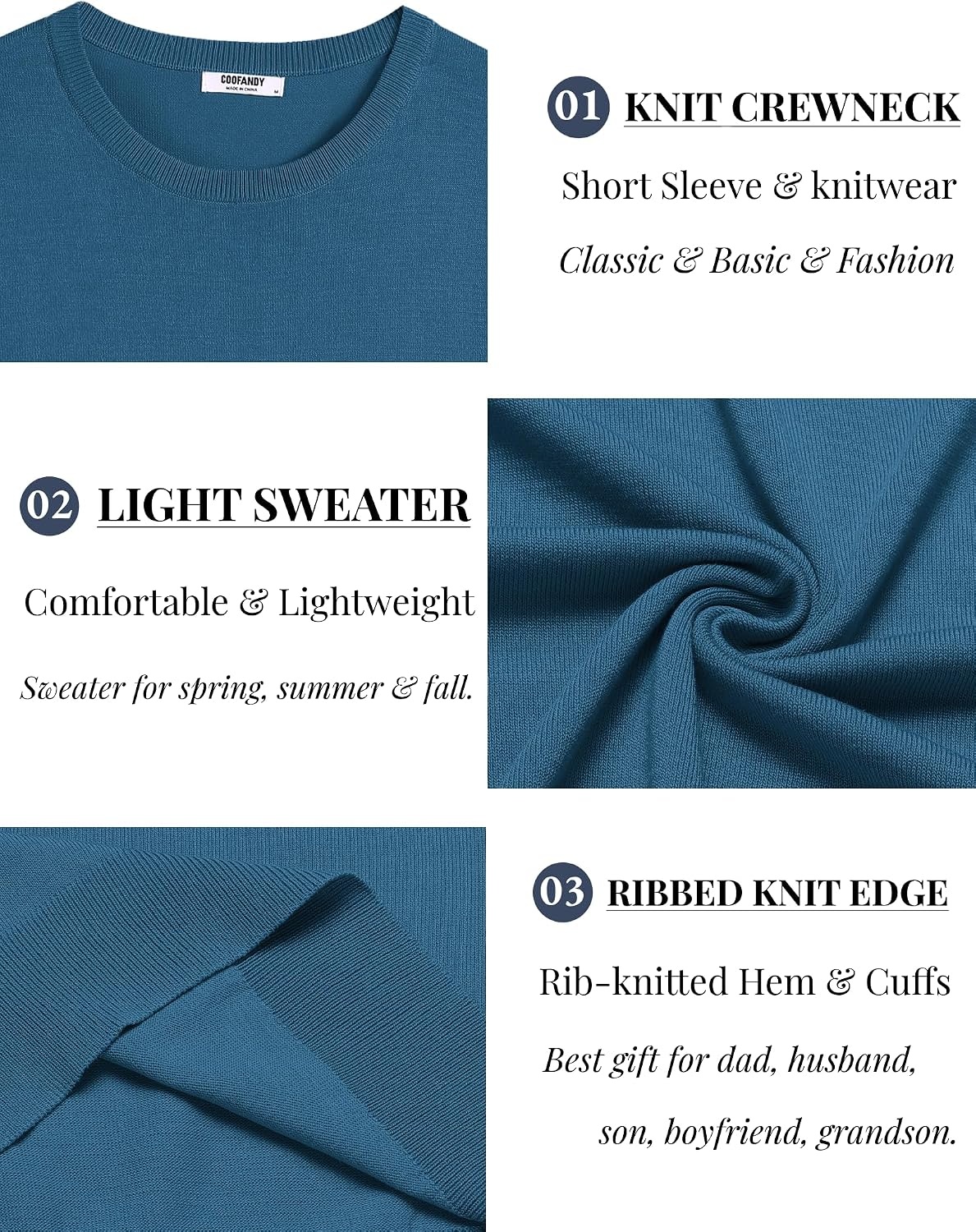 image:imageCOOFANDY Mens Casual TShirts Short Sleeve Crewneck Pullover Knit TeeDemin Blue
