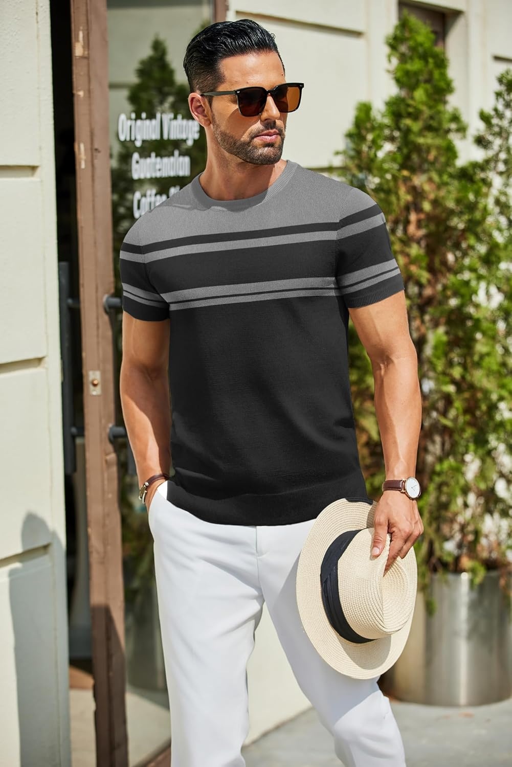 image:imageCOOFANDY Mens Casual TShirts Short Sleeve Crewneck Pullover Knit TeeStripe Black Grey