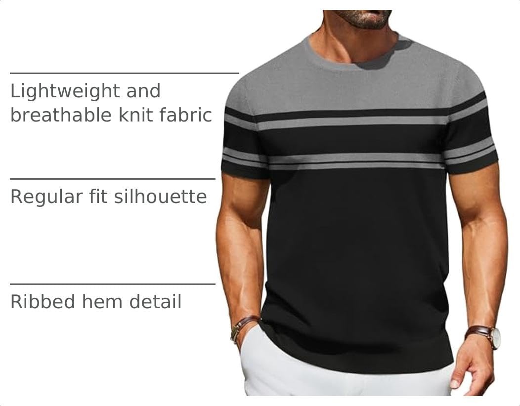 image:imageCOOFANDY Mens Casual TShirts Short Sleeve Crewneck Pullover Knit TeeStripe Black Grey
