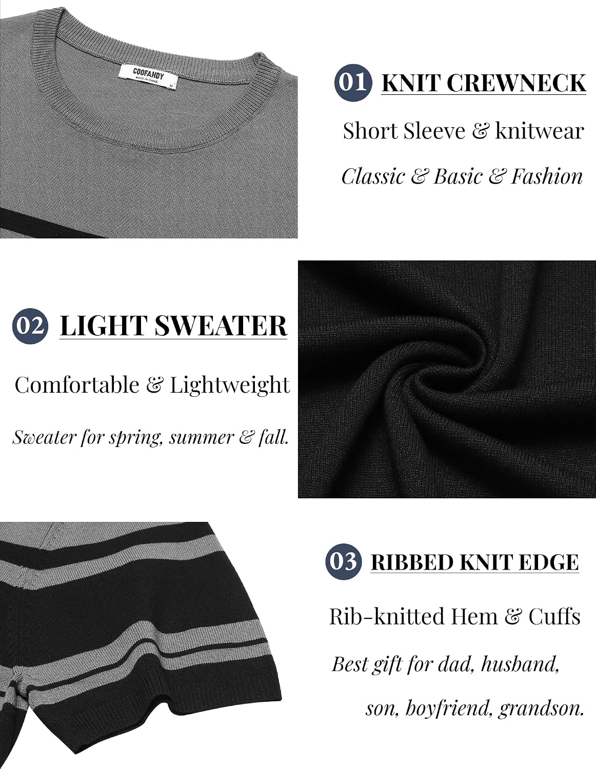 image:imageCOOFANDY Mens Casual TShirts Short Sleeve Crewneck Pullover Knit TeeStripe Black Grey