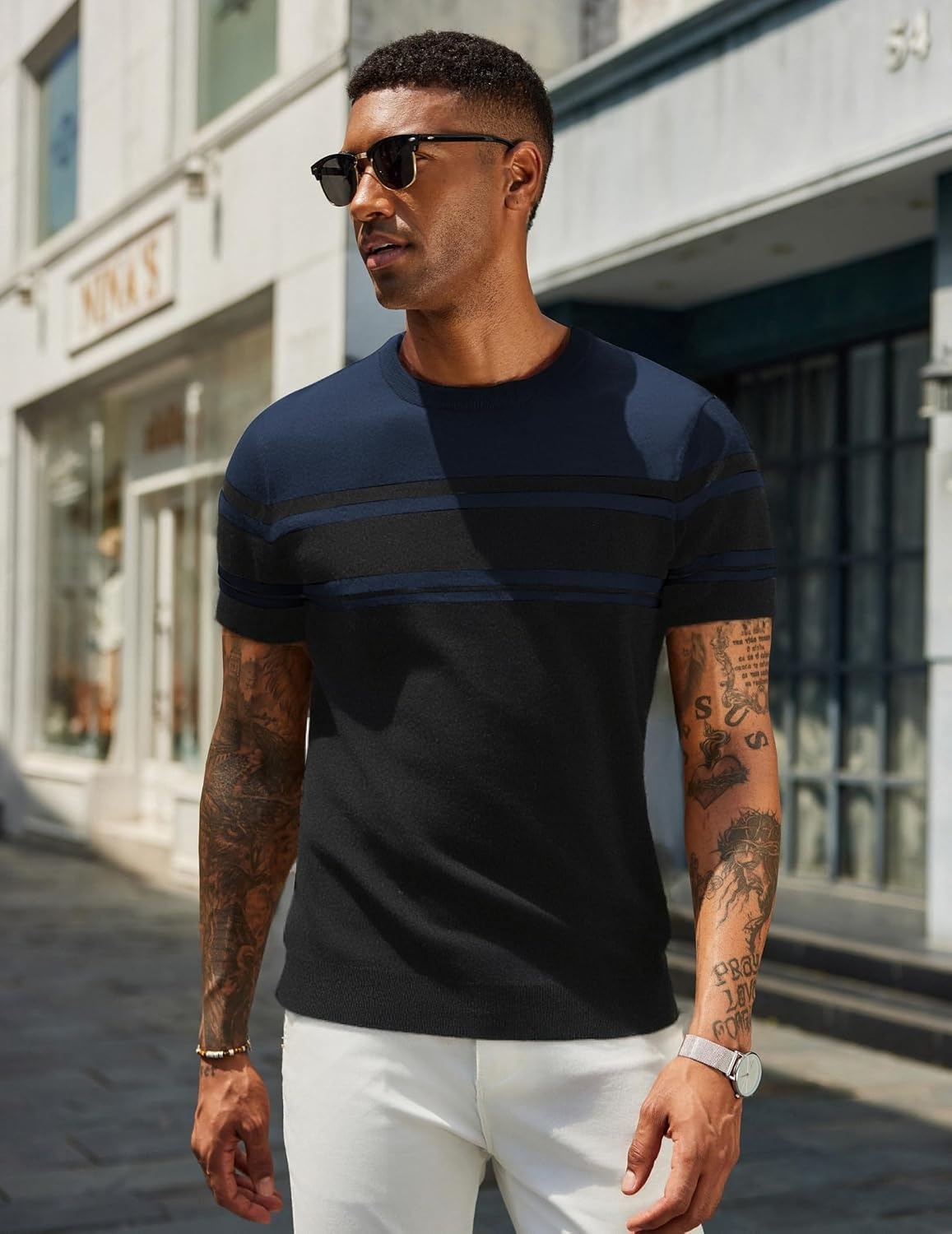 image:imageCOOFANDY Mens Casual TShirts Short Sleeve Crewneck Pullover Knit TeeStripe Black Navy