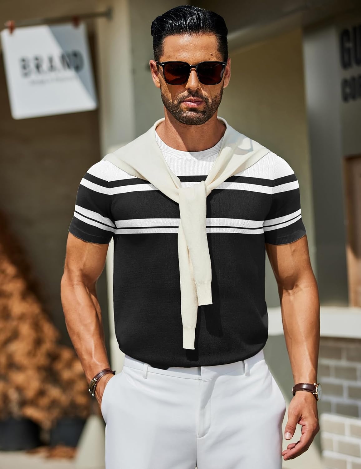 image:imageCOOFANDY Mens Casual TShirts Short Sleeve Crewneck Pullover Knit TeeStripe Black White
