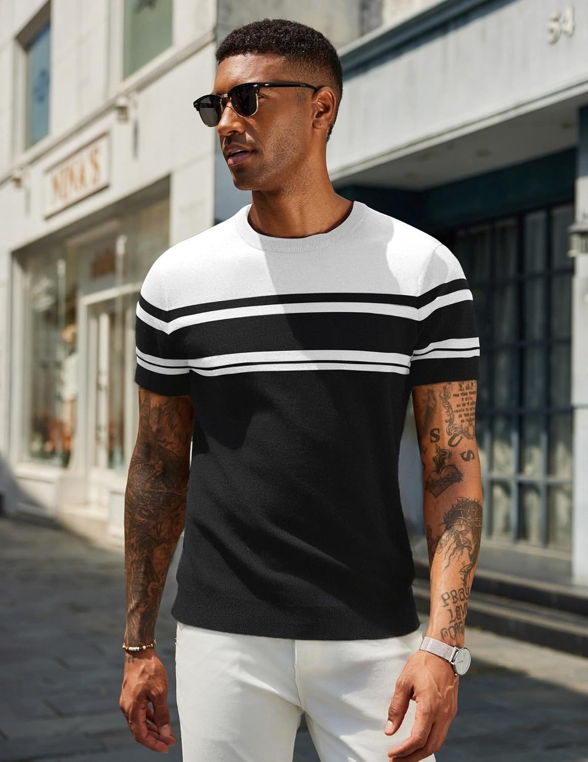 image:imageCOOFANDY Mens Casual TShirts Short Sleeve Crewneck Pullover Knit TeeStripe Black White