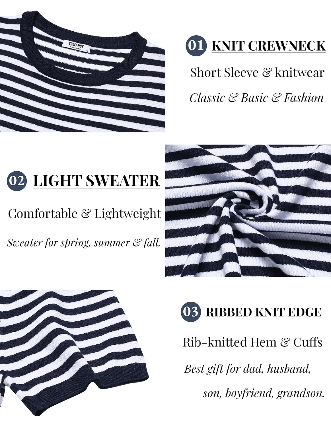 image:imageCOOFANDY Mens Casual TShirts Short Sleeve Crewneck Pullover Knit TeeStripe Navy
