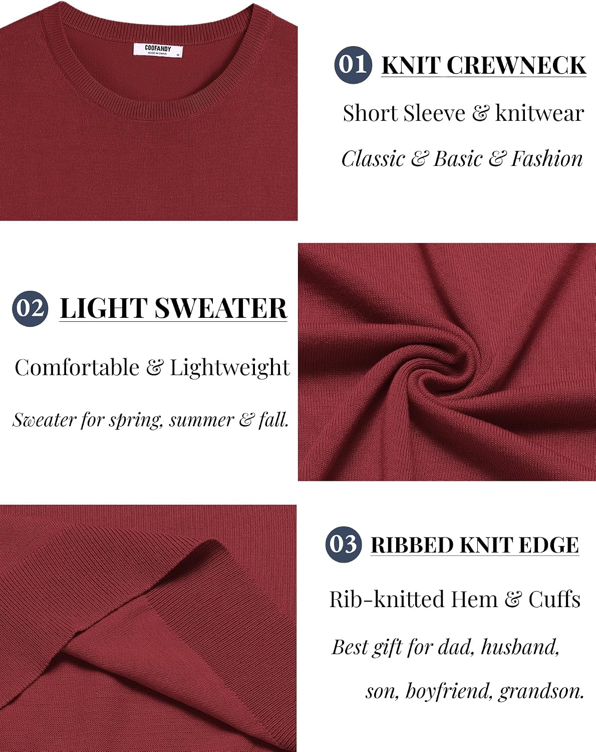 image:imageCOOFANDY Mens Casual TShirts Short Sleeve Crewneck Pullover Knit TeeWine Red