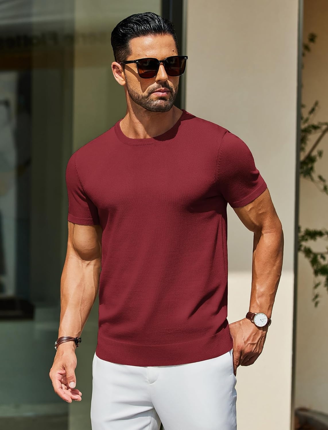 image:imageCOOFANDY Mens Casual TShirts Short Sleeve Crewneck Pullover Knit TeeWine Red