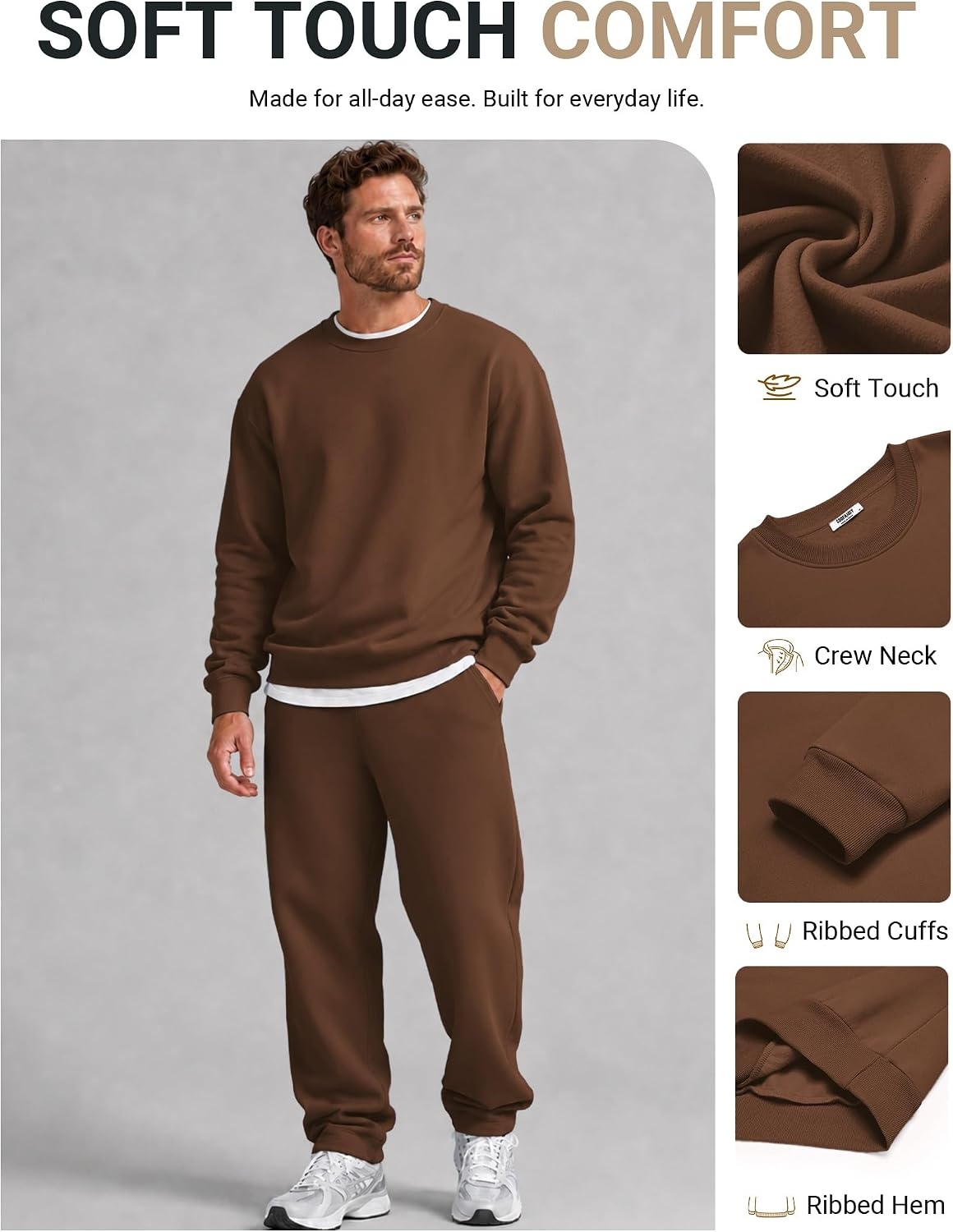 image:imageCOOFANDY Mens Crewneck Sweatshirts Fleece Pullover Thermal Casual ShirtBrown