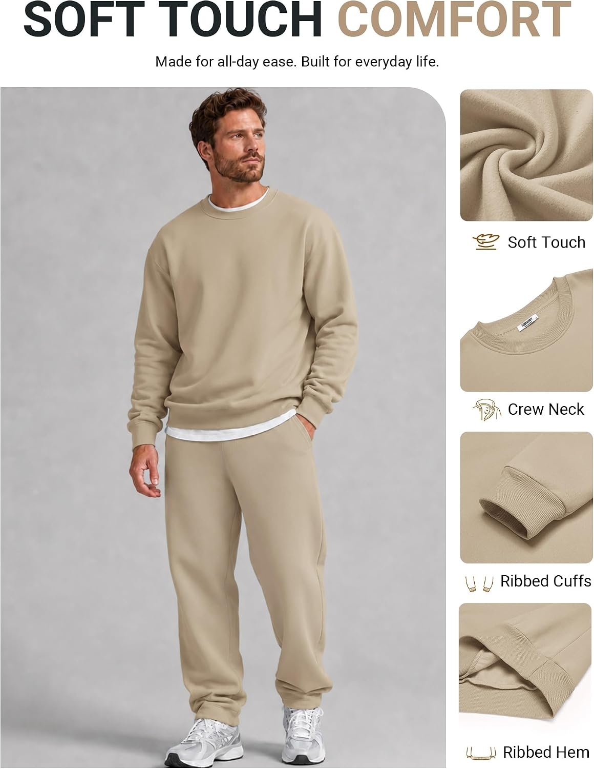 image:imageCOOFANDY Mens Crewneck Sweatshirts Fleece Pullover Thermal Casual ShirtKhaki