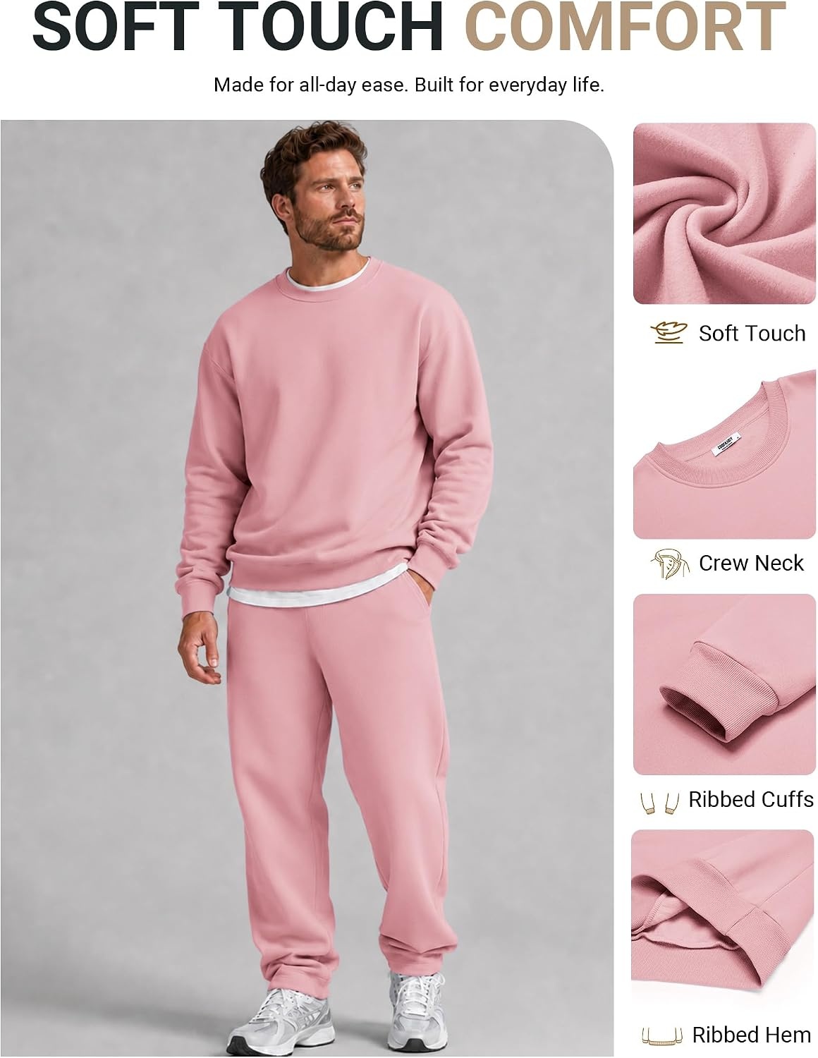 image:imageCOOFANDY Mens Crewneck Sweatshirts Fleece Pullover Thermal Casual ShirtPink