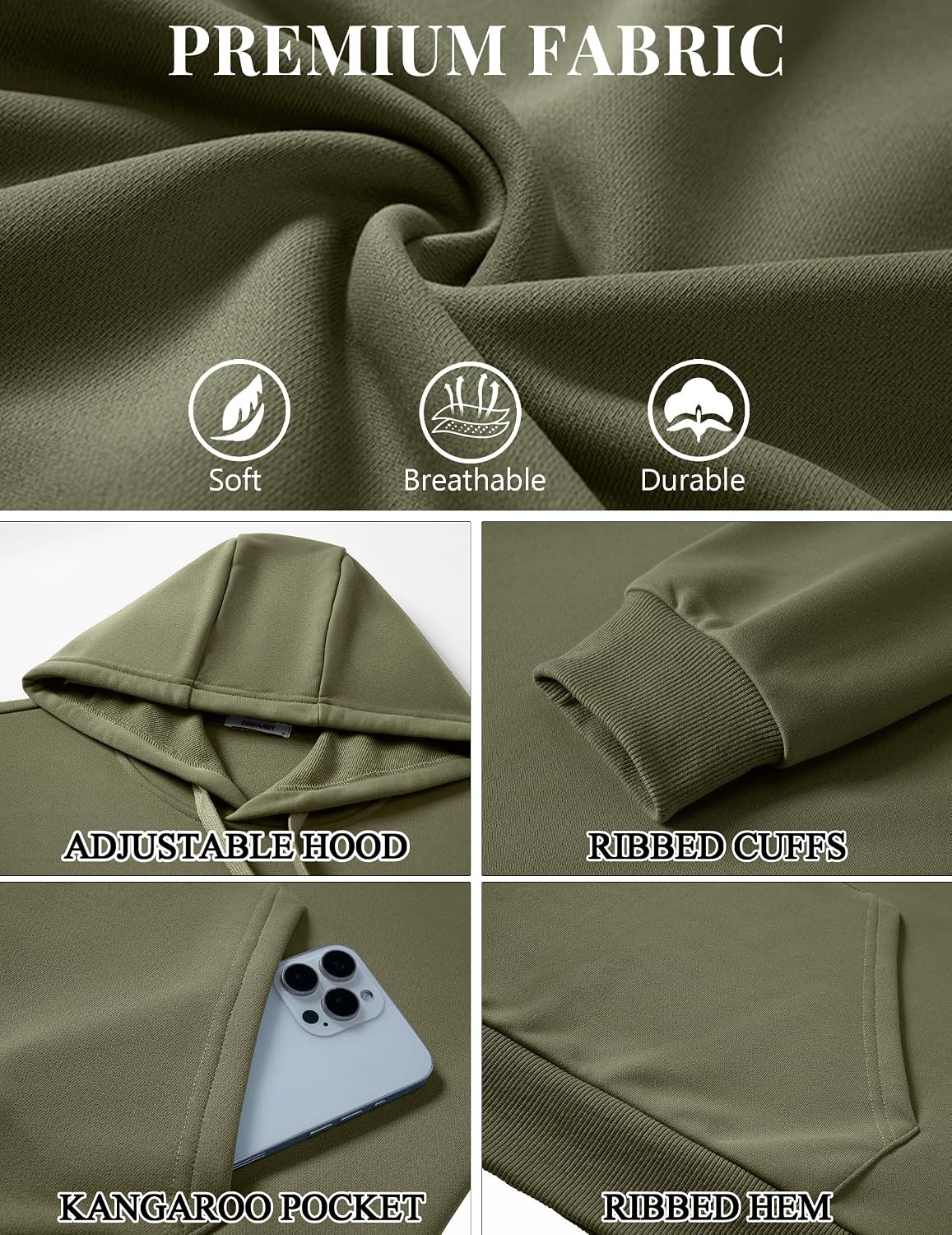 image:imageCOOFANDY Mens Hoodie Pullover Hooded Sweatshirt Casual Long Sleeve FashionArmy Green
