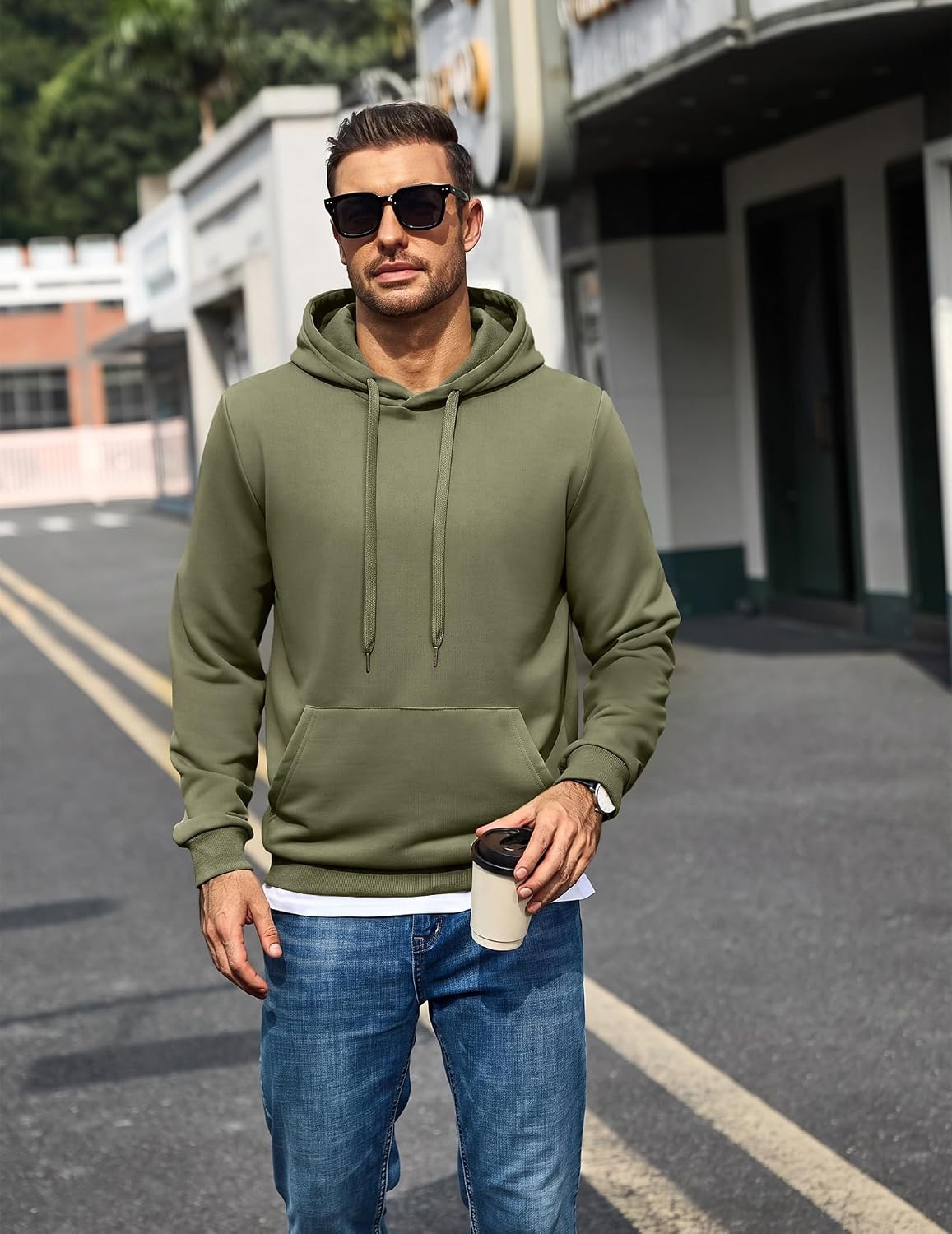 image:imageCOOFANDY Mens Hoodie Pullover Hooded Sweatshirt Casual Long Sleeve FashionArmy Green