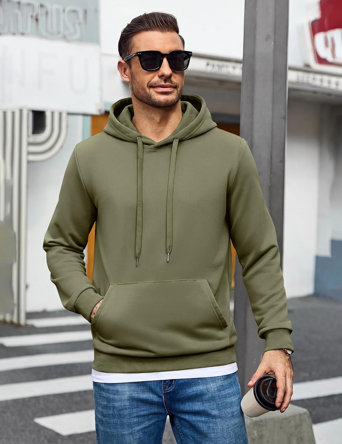 image:imageCOOFANDY Mens Hoodie Pullover Hooded Sweatshirt Casual Long Sleeve FashionArmy Green