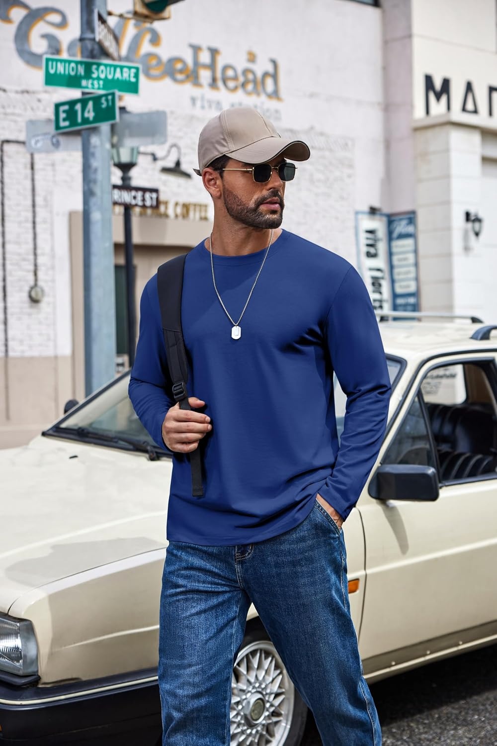 image:imageCOOFANDY Mens Long Sleeve Shirts Crew Neck Cotton TShirt Casual ShirtsBlue