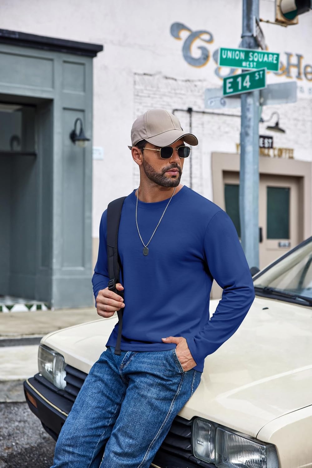 image:imageCOOFANDY Mens Long Sleeve Shirts Crew Neck Cotton TShirt Casual ShirtsBlue