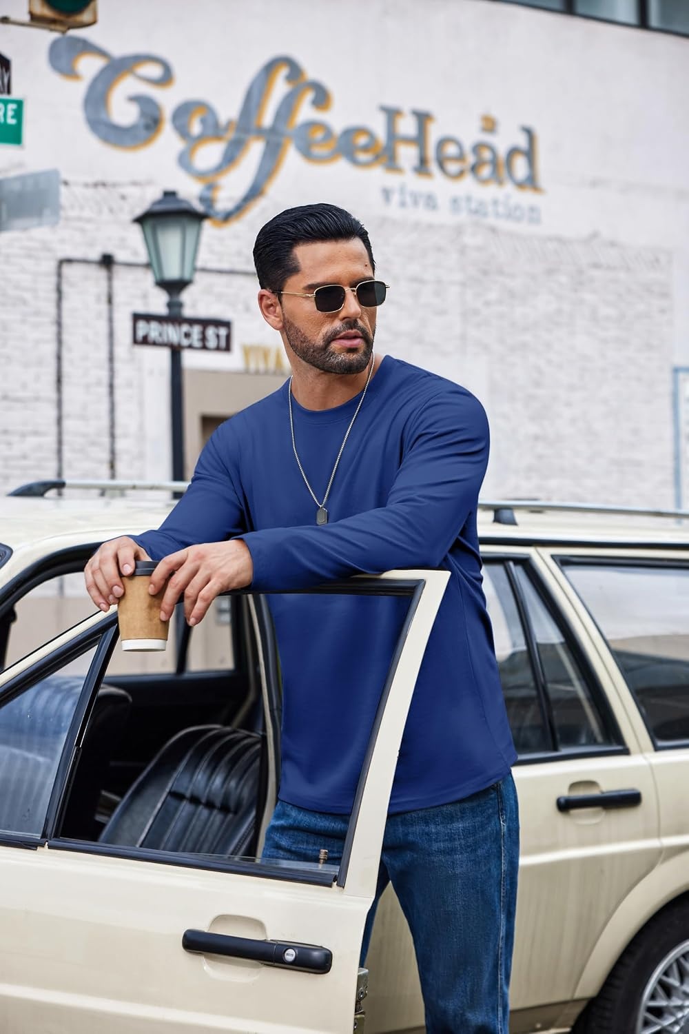 image:imageCOOFANDY Mens Long Sleeve Shirts Crew Neck Cotton TShirt Casual ShirtsBlue