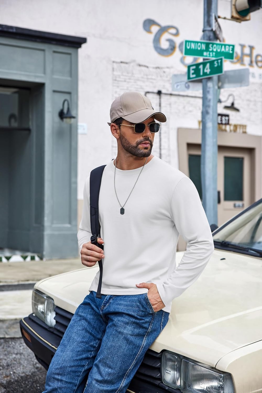 image:imageCOOFANDY Mens Long Sleeve Shirts Crew Neck Cotton TShirt Casual ShirtsBwhite