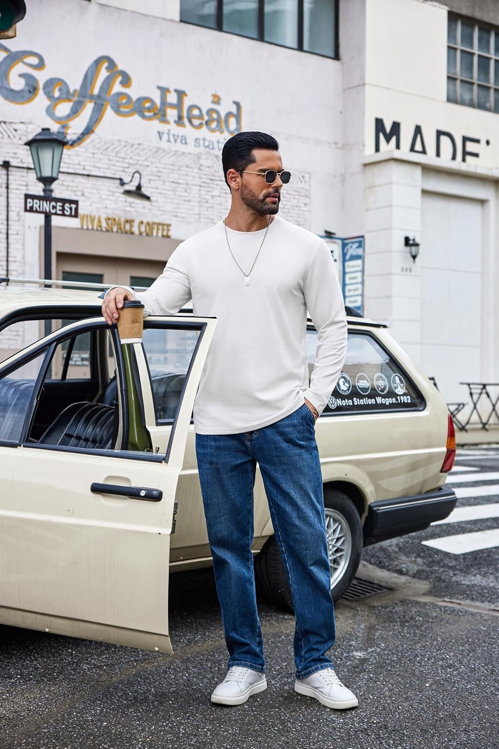 image:imageCOOFANDY Mens Long Sleeve Shirts Crew Neck Cotton TShirt Casual ShirtsBwhite