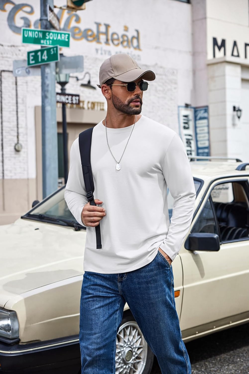 image:imageCOOFANDY Mens Long Sleeve Shirts Crew Neck Cotton TShirt Casual ShirtsBwhite