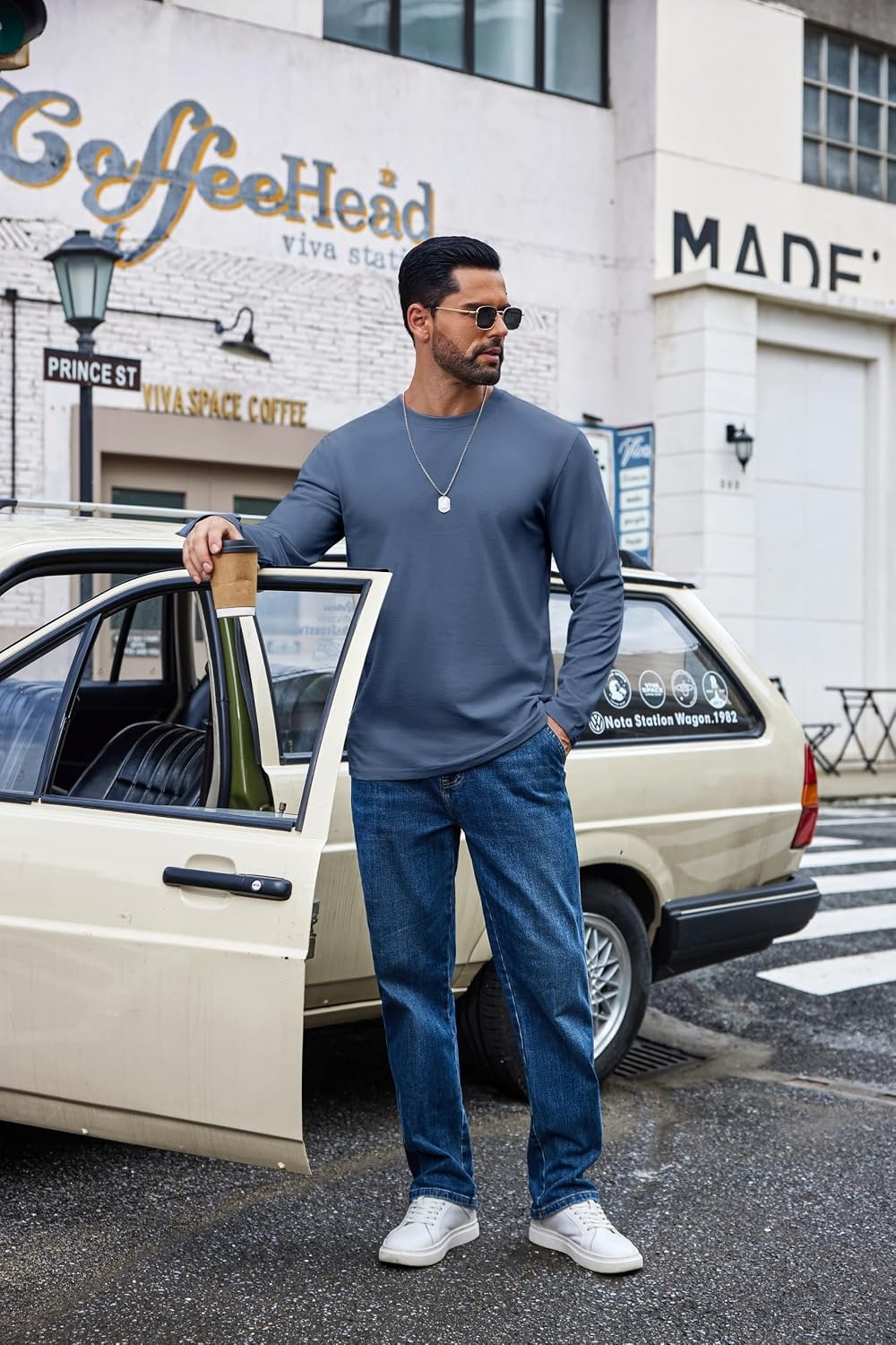image:imageCOOFANDY Mens Long Sleeve Shirts Crew Neck Cotton TShirt Casual ShirtsGrey Blue
