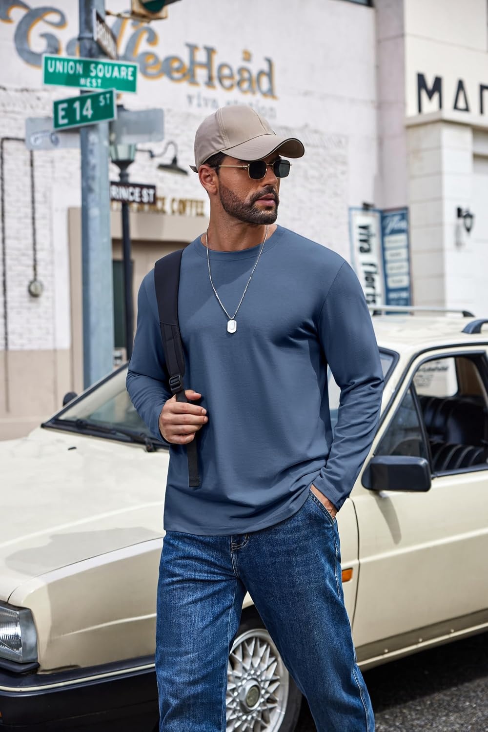 image:imageCOOFANDY Mens Long Sleeve Shirts Crew Neck Cotton TShirt Casual ShirtsGrey Blue