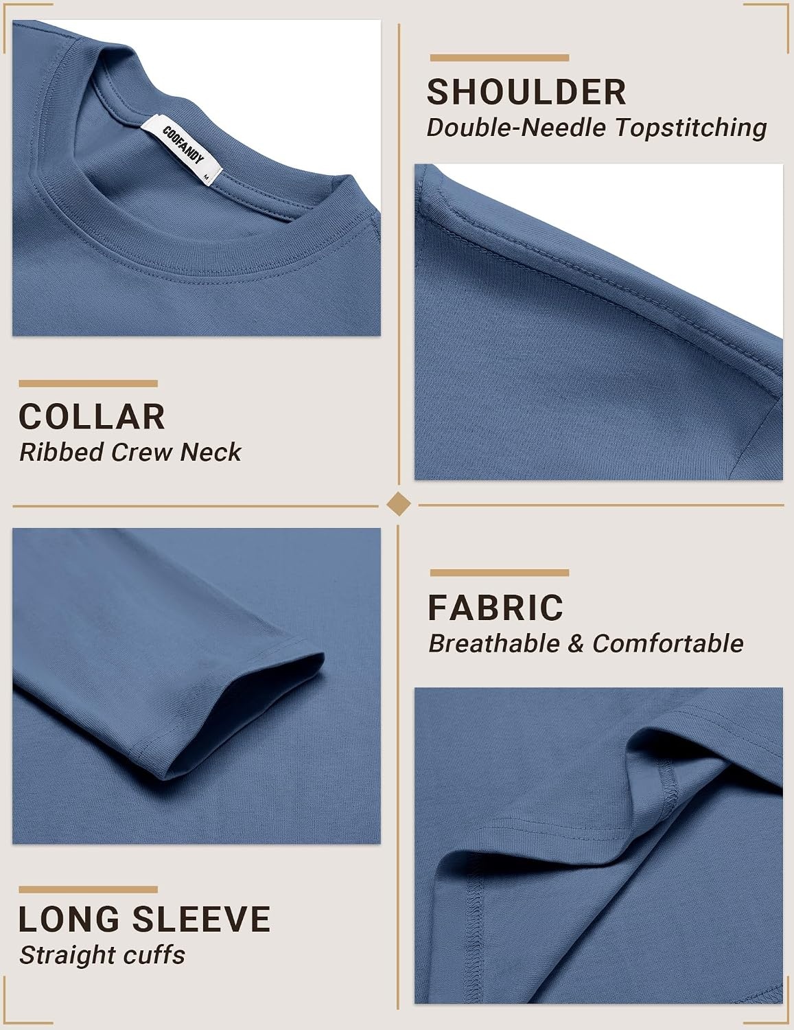 image:imageCOOFANDY Mens Long Sleeve Shirts Crew Neck Cotton TShirt Casual ShirtsGrey Blue