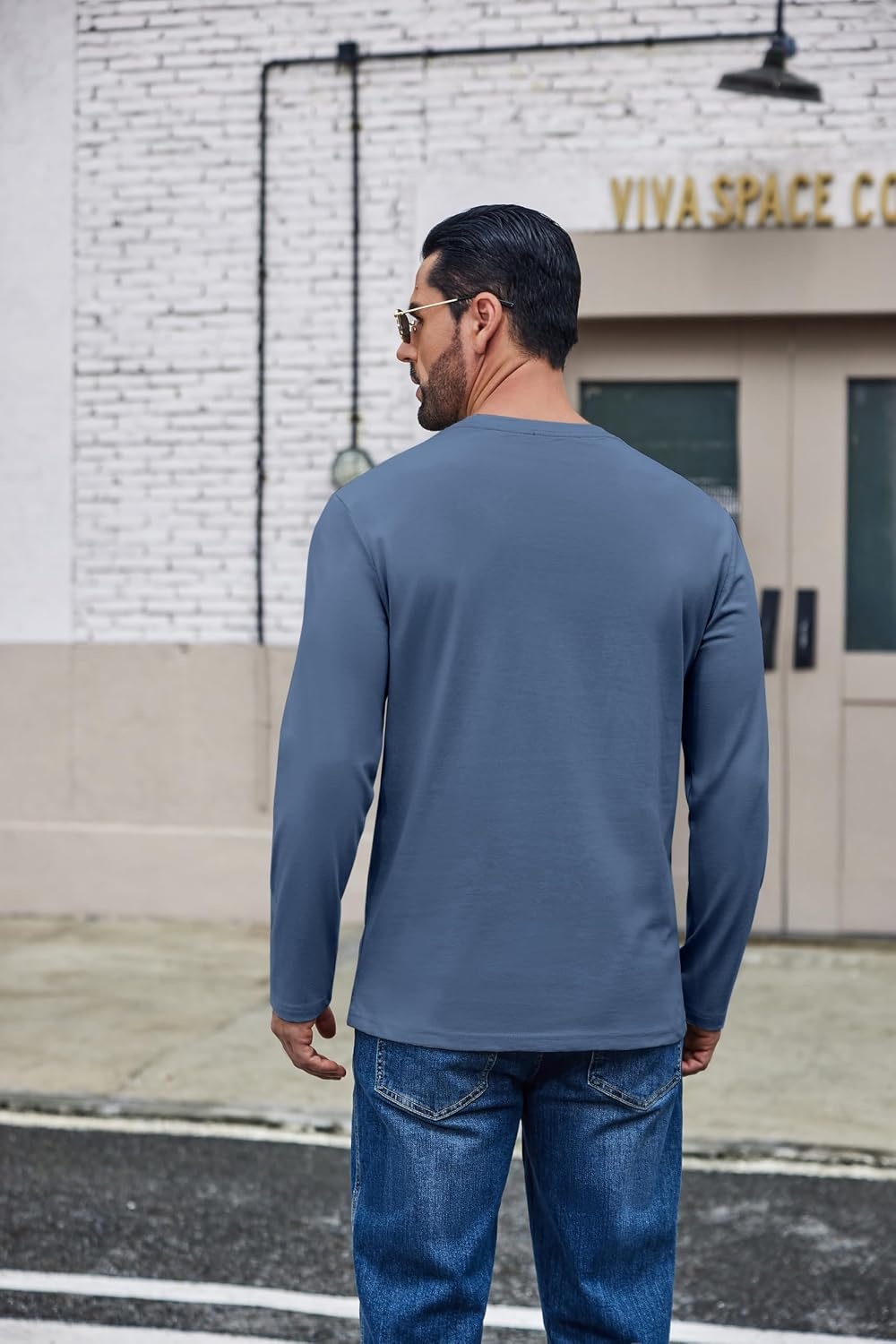 image:imageCOOFANDY Mens Long Sleeve Shirts Crew Neck Cotton TShirt Casual ShirtsGrey Blue